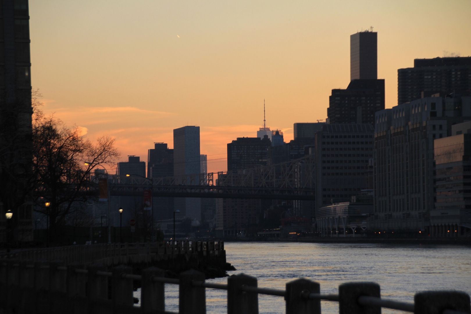 Blick auf die Skyline Manhatten von Rosevelt Islands im Sonnenuntergang 