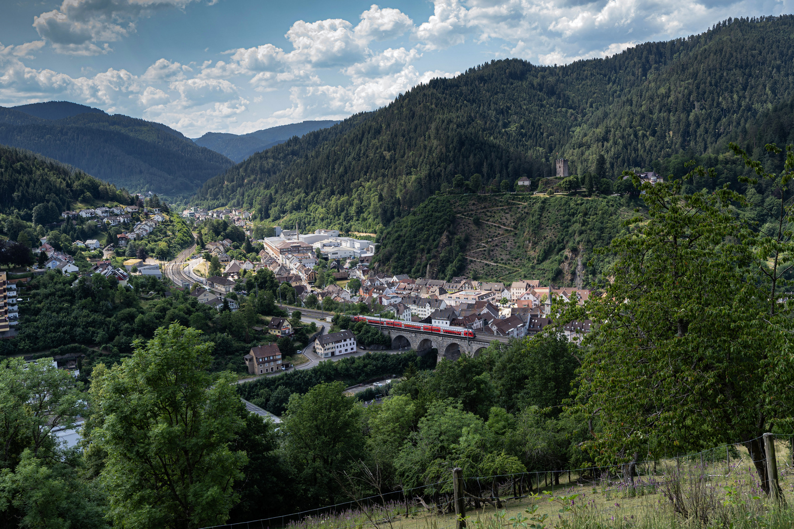 Blick auf Hornberg mit der Schwarzwaldbahn