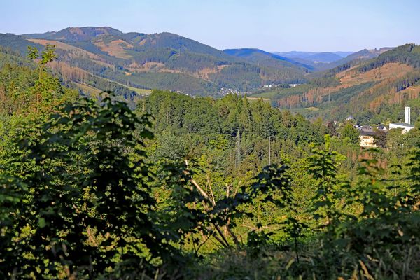 Blick auf Lennestadt-Altenhundem 1. In den Bergen rundherum hat auch der Borkenkäfer zugeschlagen.