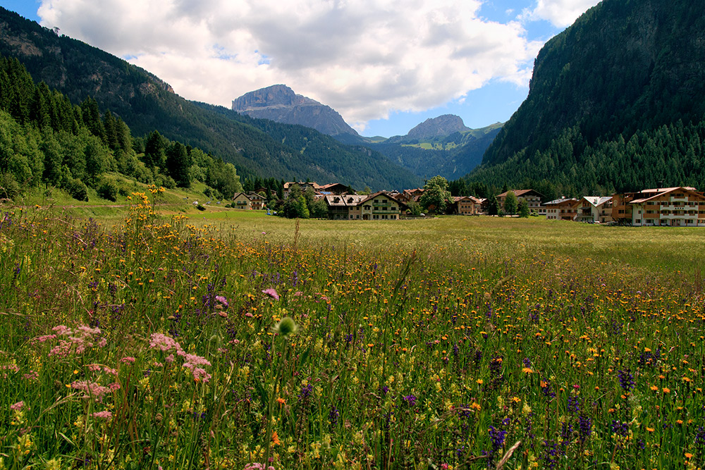 Blick auf Mazzin im Fassatal