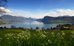 Blick auf See und Berge.