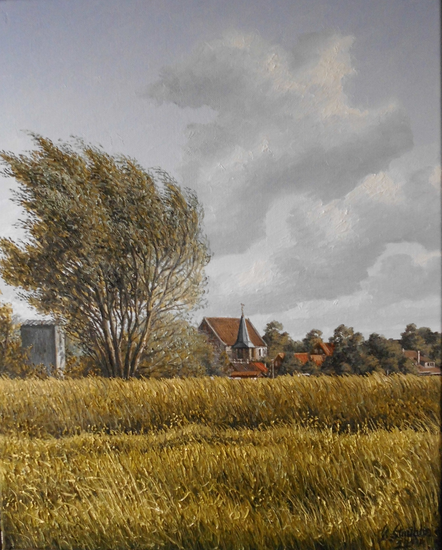 Blick auf Tettens in Wangerland. Öl Gemälde auf Leinen