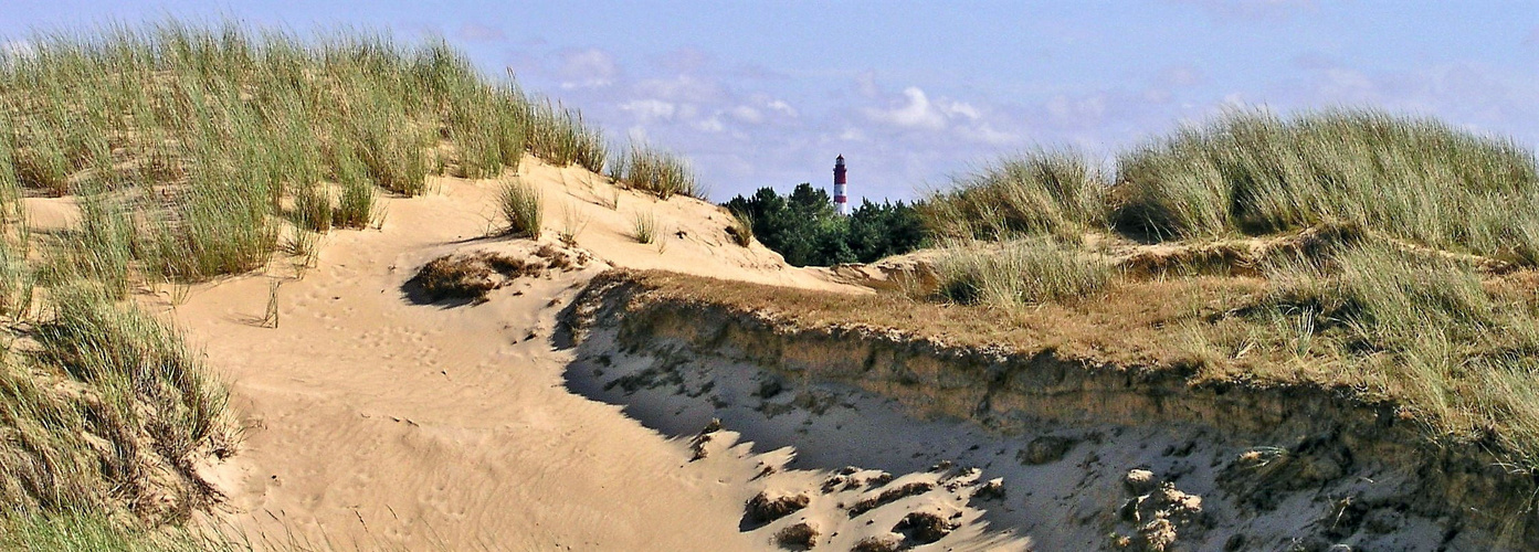 Blick durch die Dünen auf den Amrumer Leuchtturm