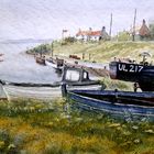 Blick in den Hafen von Brora, Aquarell