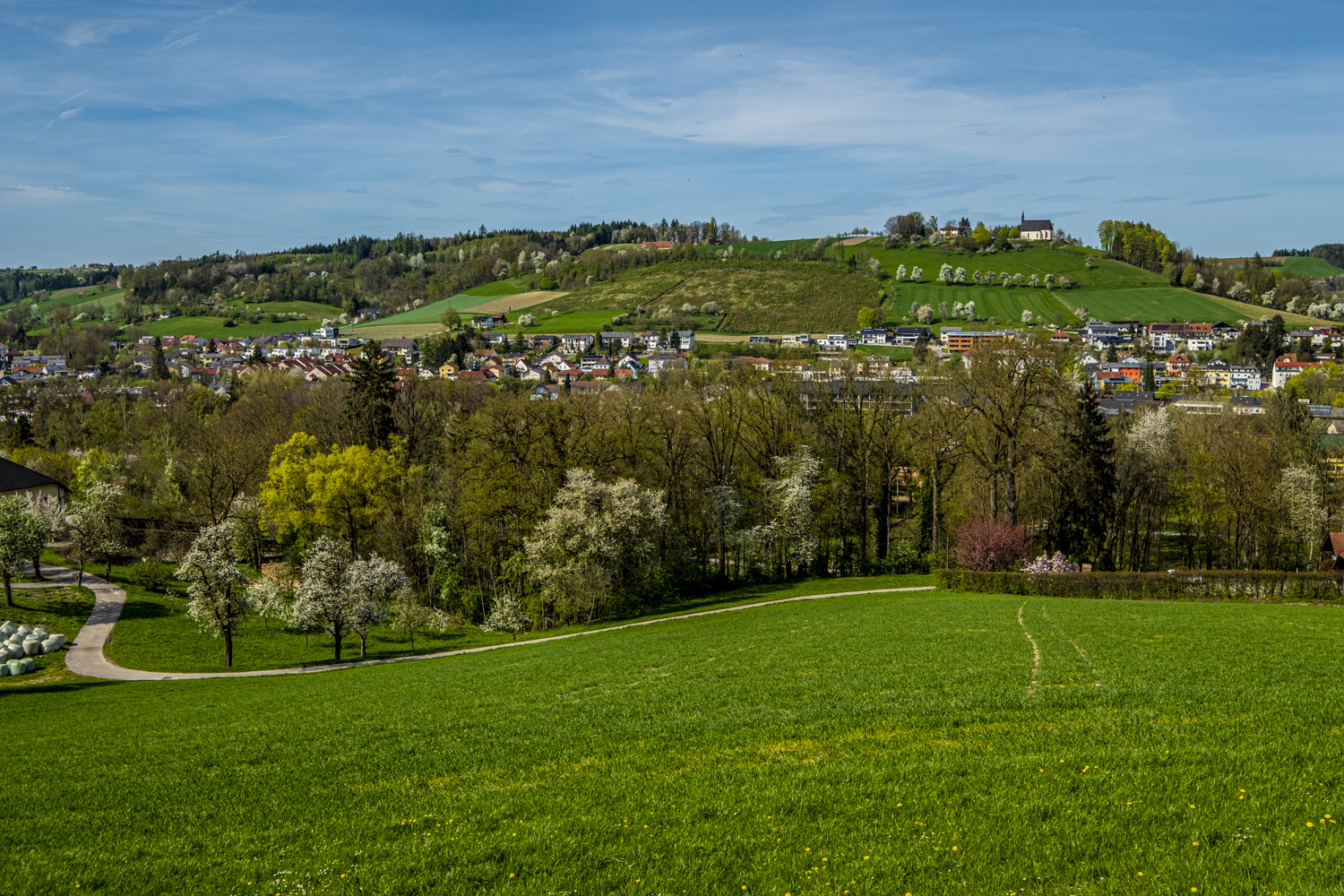 Blick über Bad Schallerbach auf die Magdalenabergkirche: