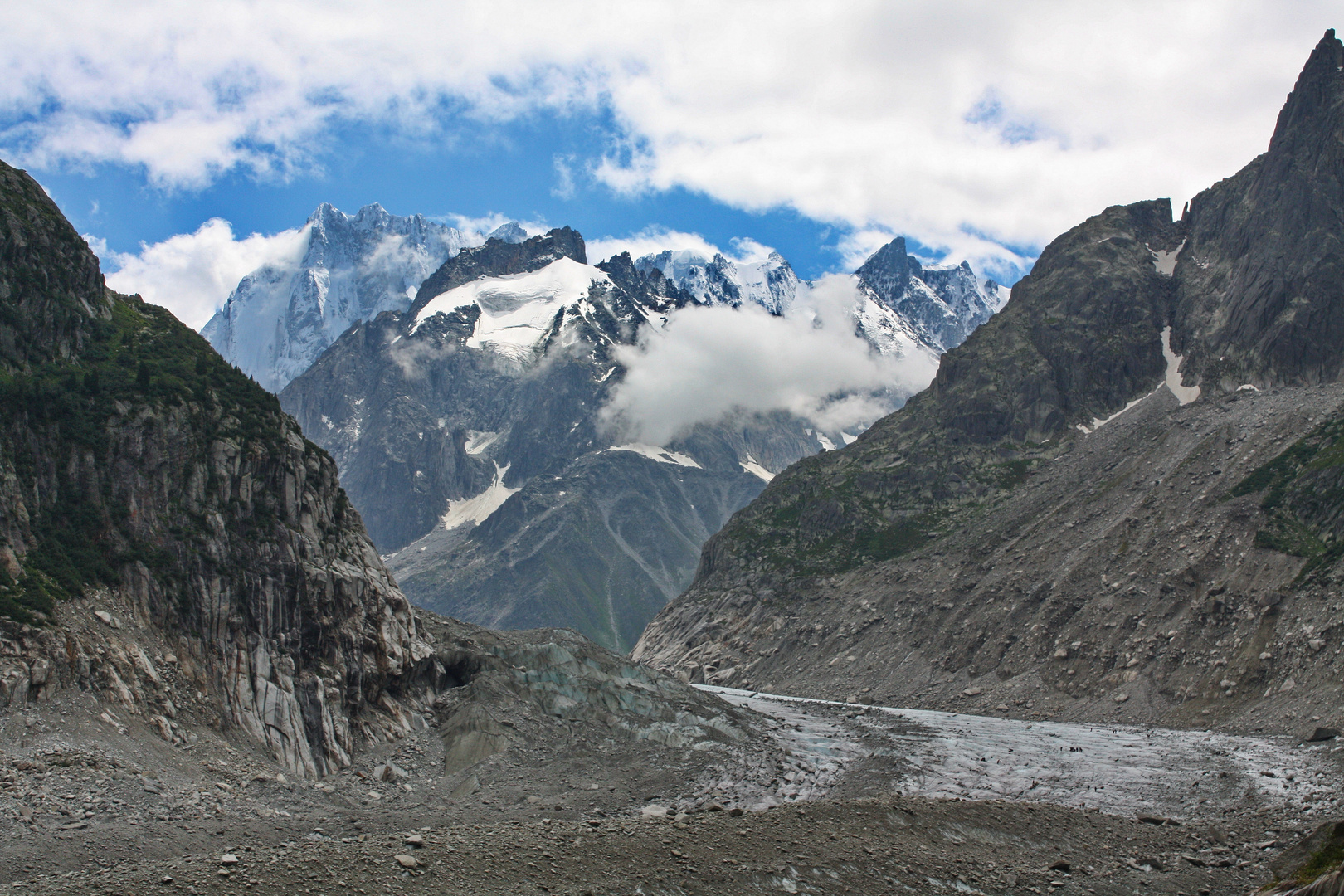 Blick über das Mer de Glace zu den Grand Jorasses....