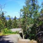 Blick über den Felsen durch die Bäume mit blauen Himmel