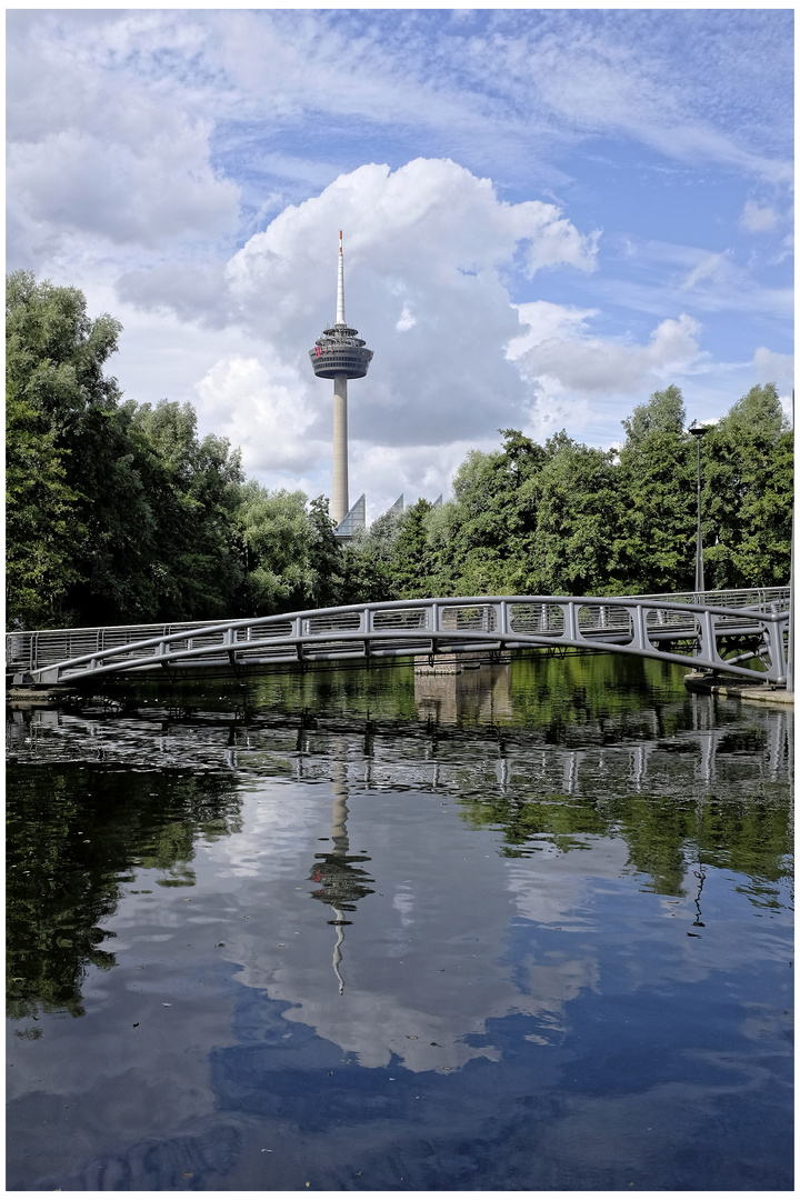 Blick über den Mediaparksee auf den Colonius