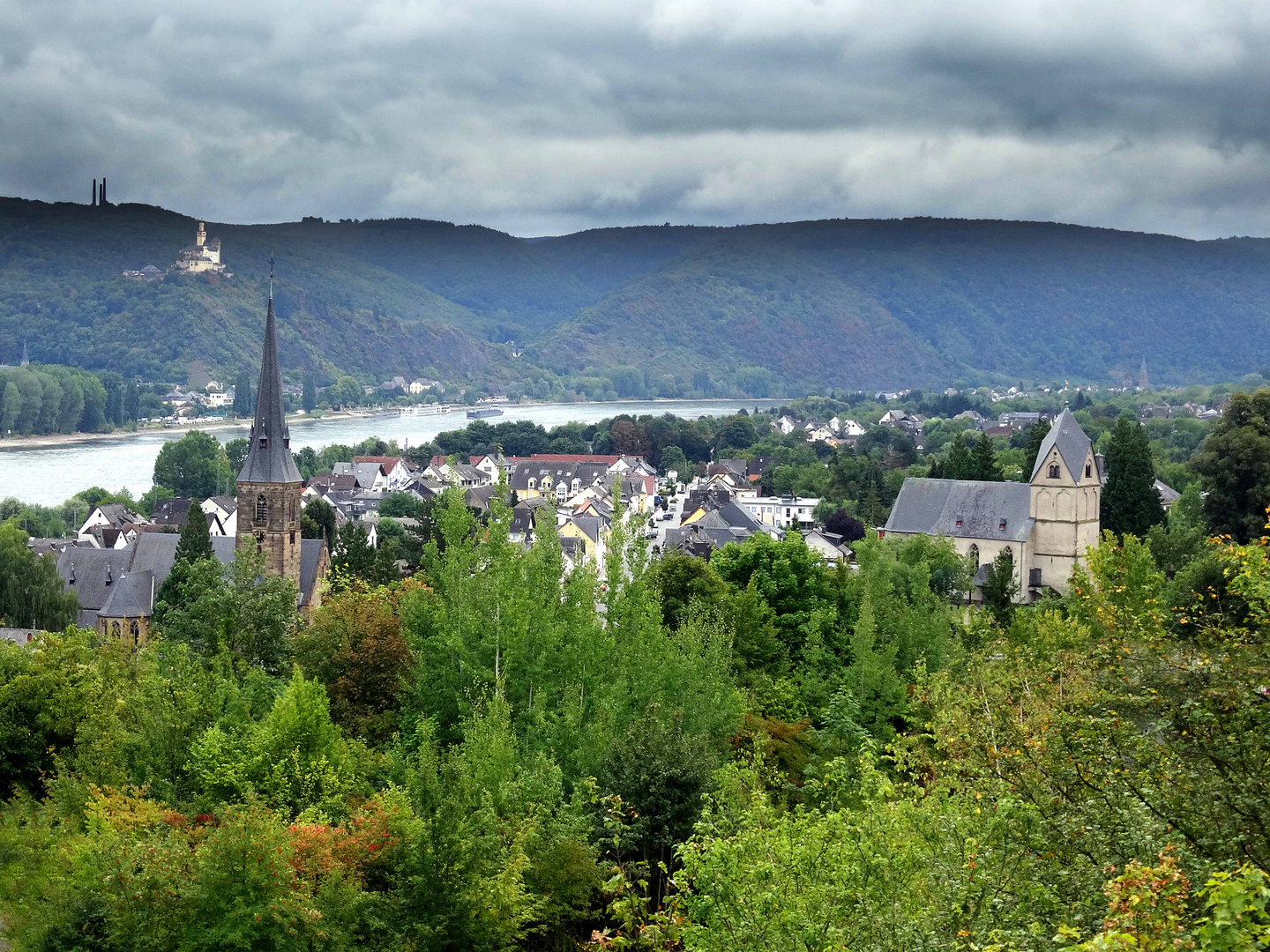 Blick über Rhens am Rhein zur Marksburg