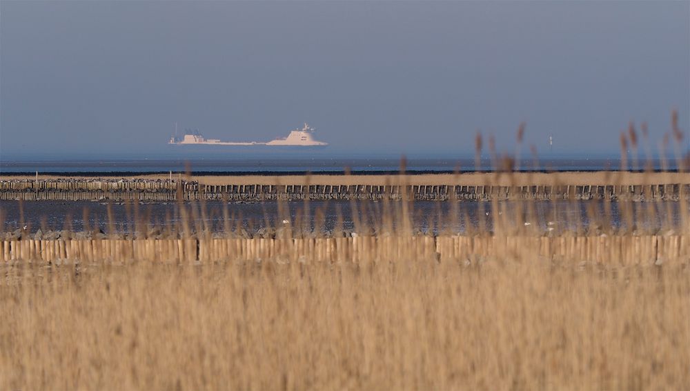 Blick über Vorland, Wattenmeer und Schifffahrtsstrasse von Sahlenburg aus.