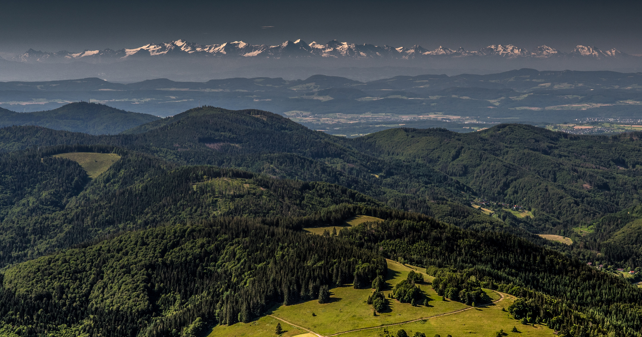 Blick vom Belchen über den Südschwarzwald zu den Schweizer Alpen