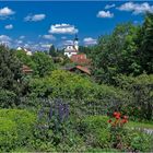 Blick vom Garten des Münterhauses auf das Murnauer Schloss und  Kirche