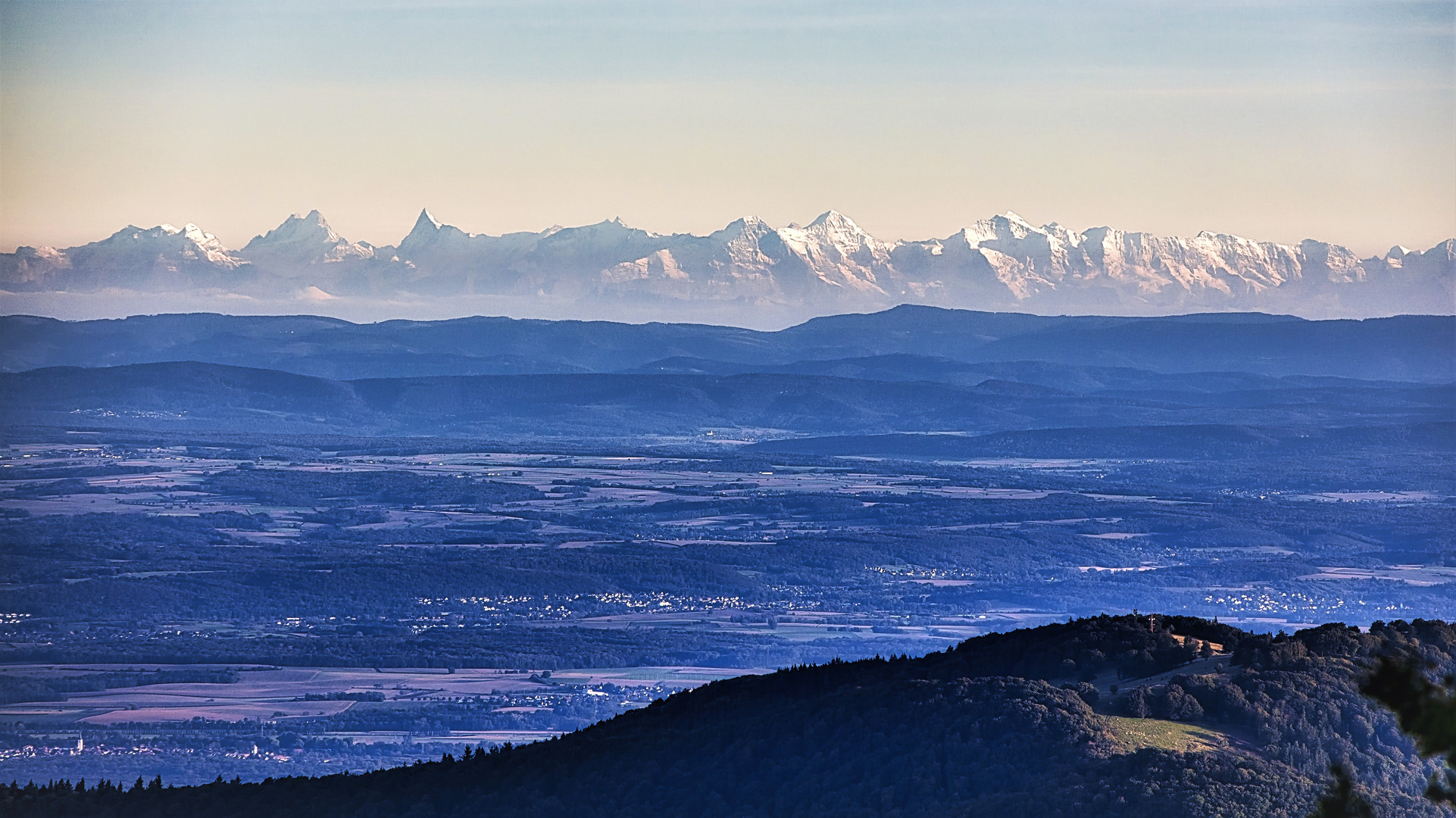 Blick vom Grand Ballon in den Vogesen auf die Berner Alpen