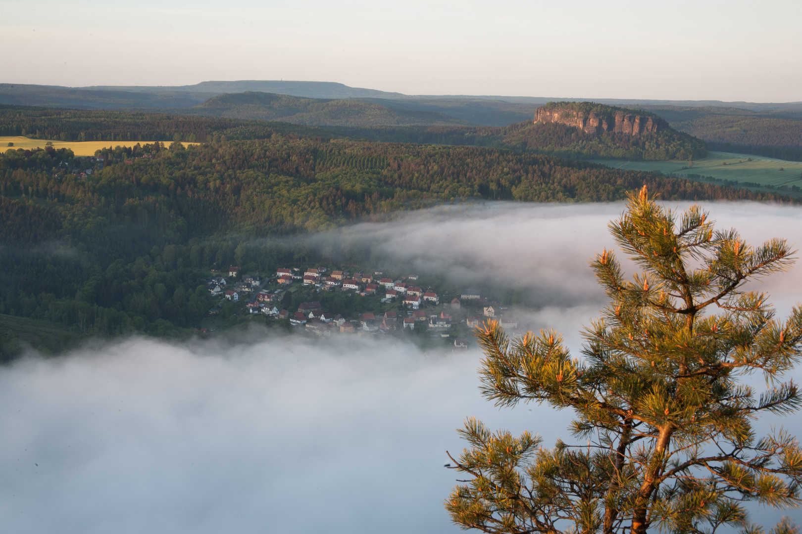 Blick vom Lilienstein zum Pfaffenstein in der Morgensonne 05:17