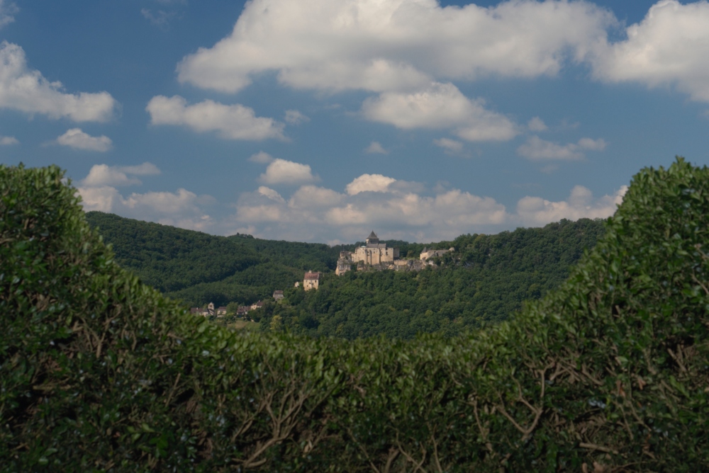 Blick vom Park Marqueyssac zur Burg Castelnaud