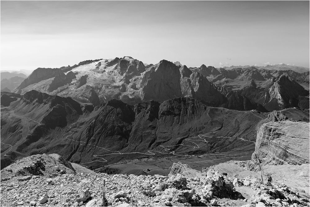 Blick vom Pitz Boe zur Königin der Dolomiten, Marmolada