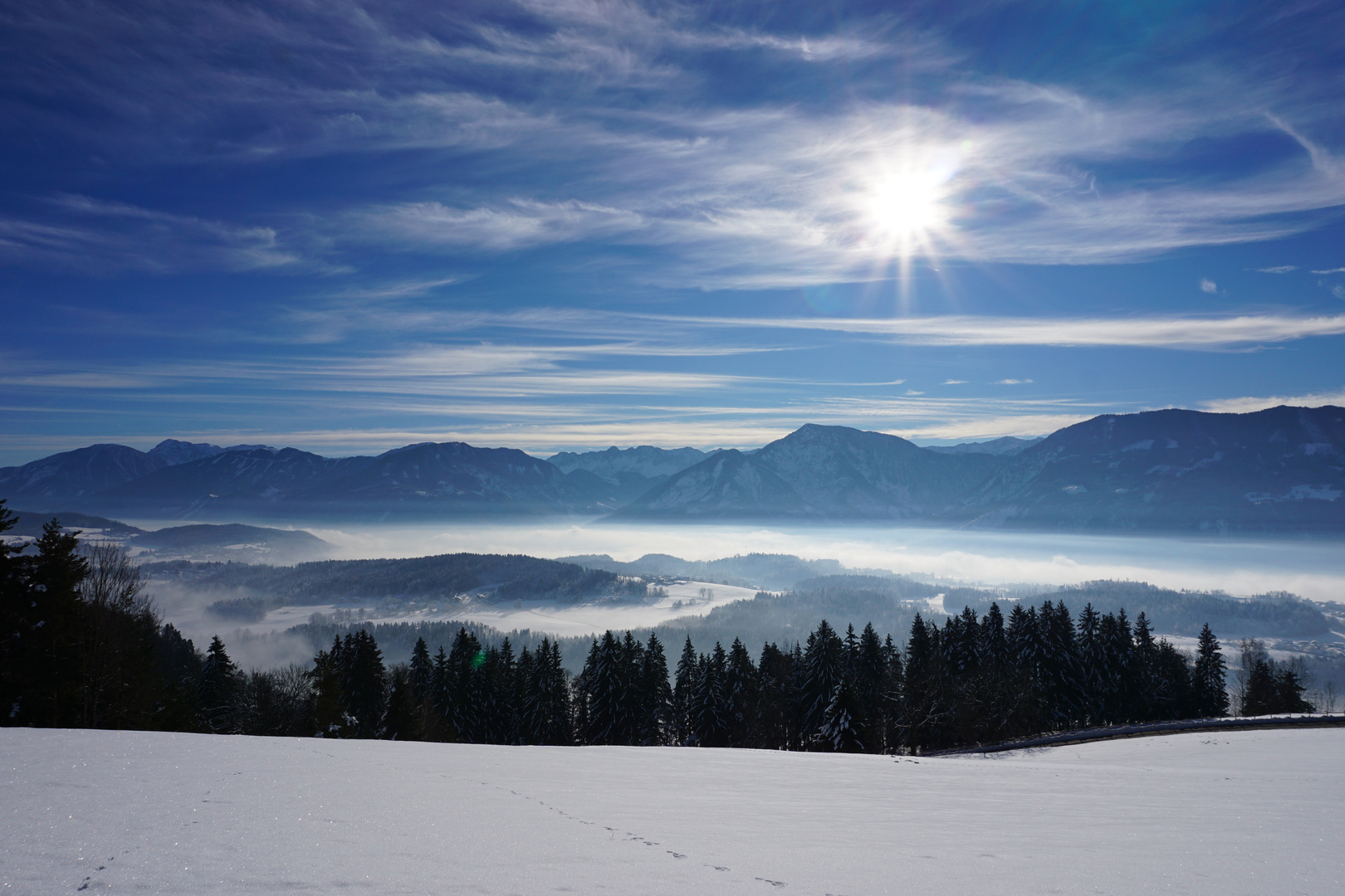 Blick vom Plöschenberg ins Rosental und auf Karawanken