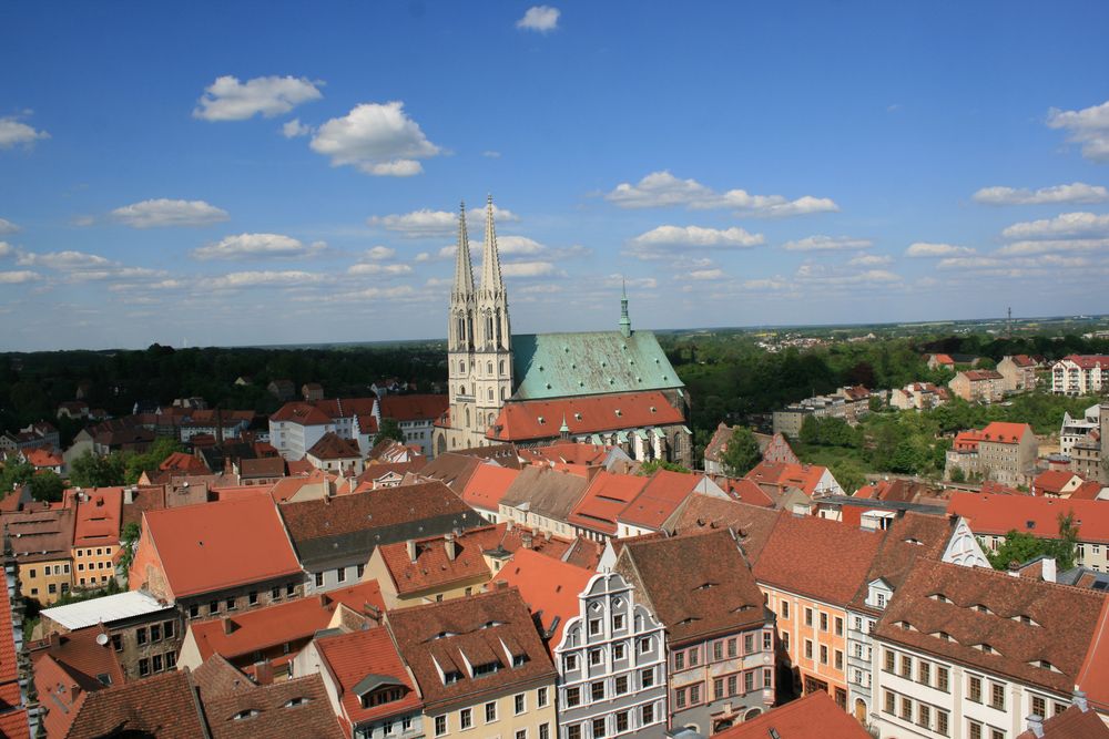 Blick vom Rathausturm zur Peter- und Paul- Kirche