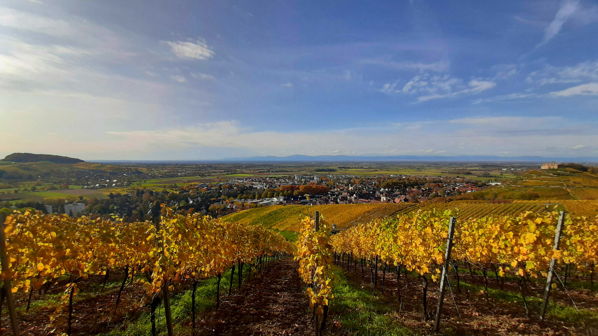 Blick von der Johanniskapelle über Staufen hinweg in die Rheinebene