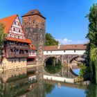 Blick von der Maxbrücke aus auf Weinstadel, Wasserturm und Henkersteg