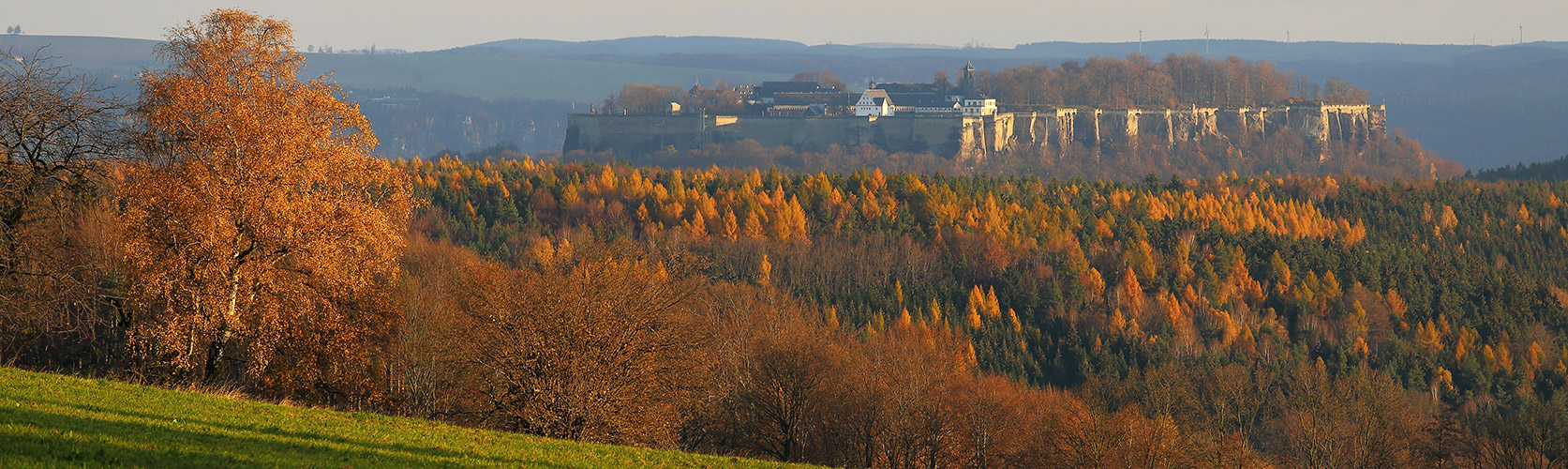 Blick von der Schönen Höhe zur Festung Königstein am Morgen ...