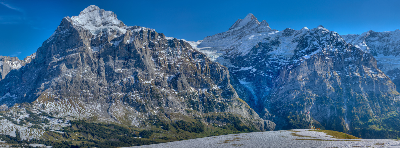 Blick von First (Grindelwald) auf das Wetterhorn und Schreckhorn