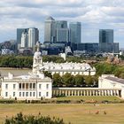 Blick von Greenwich auf Queen´s House und Canary Wharf