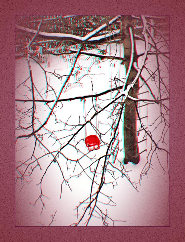 Blick von meinem Fenster auf eine verlassene Schaukel -Anaglyphe f. rot/cyan-