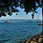 Blick von Romanshorn auf die Fähre und das Alpenvorland