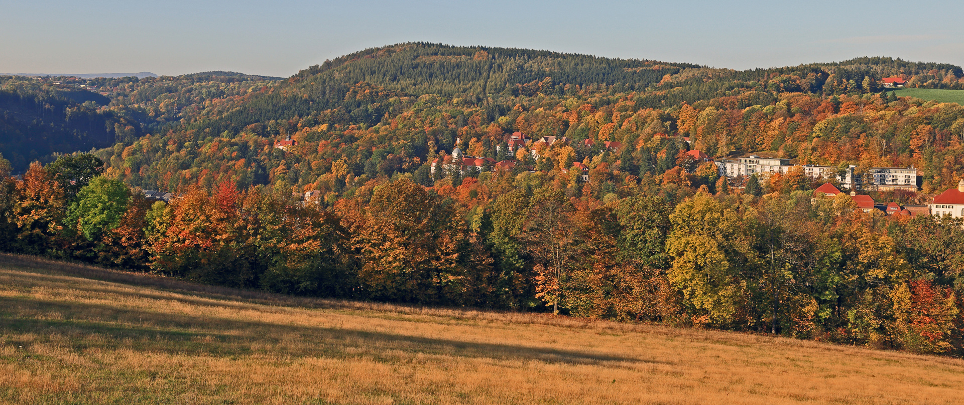 Blick zum Kurort Bad Gottleuba im Goldenen Herbst auf dem Höhepunkt