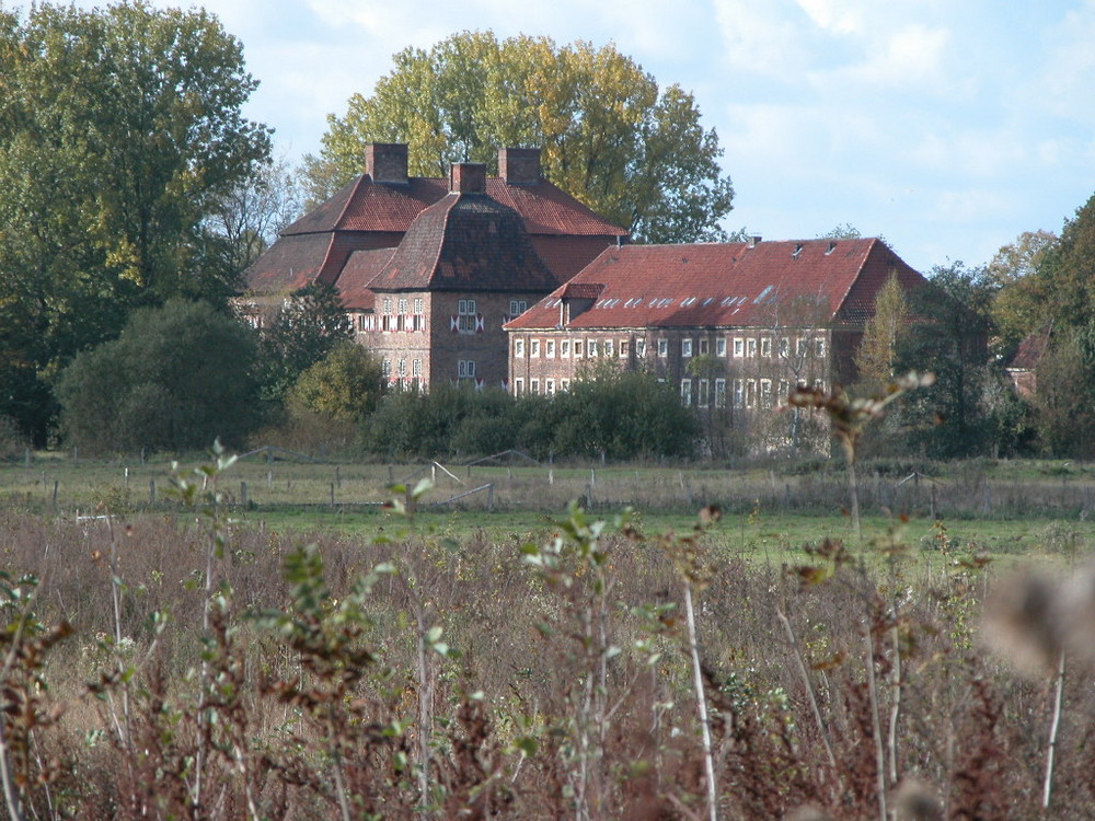 Blick zum Schloss Heessen aus den Lippewiesen