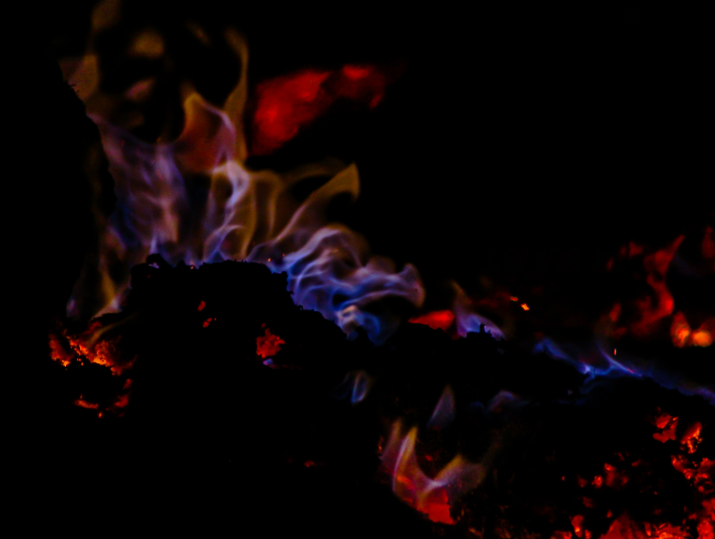 Blue flames and glowing charcoal