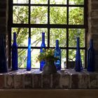 blue glass and green leaves