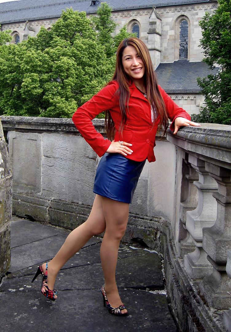 Blue Leather Skirt and Red Jacket 06