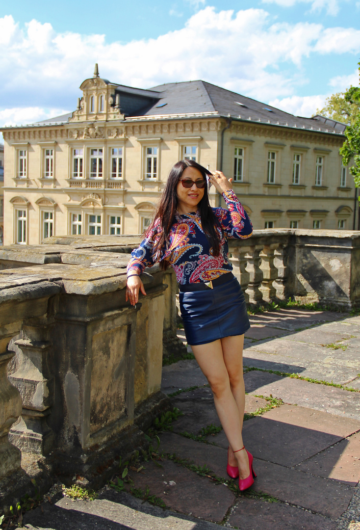 Blue leather skirt