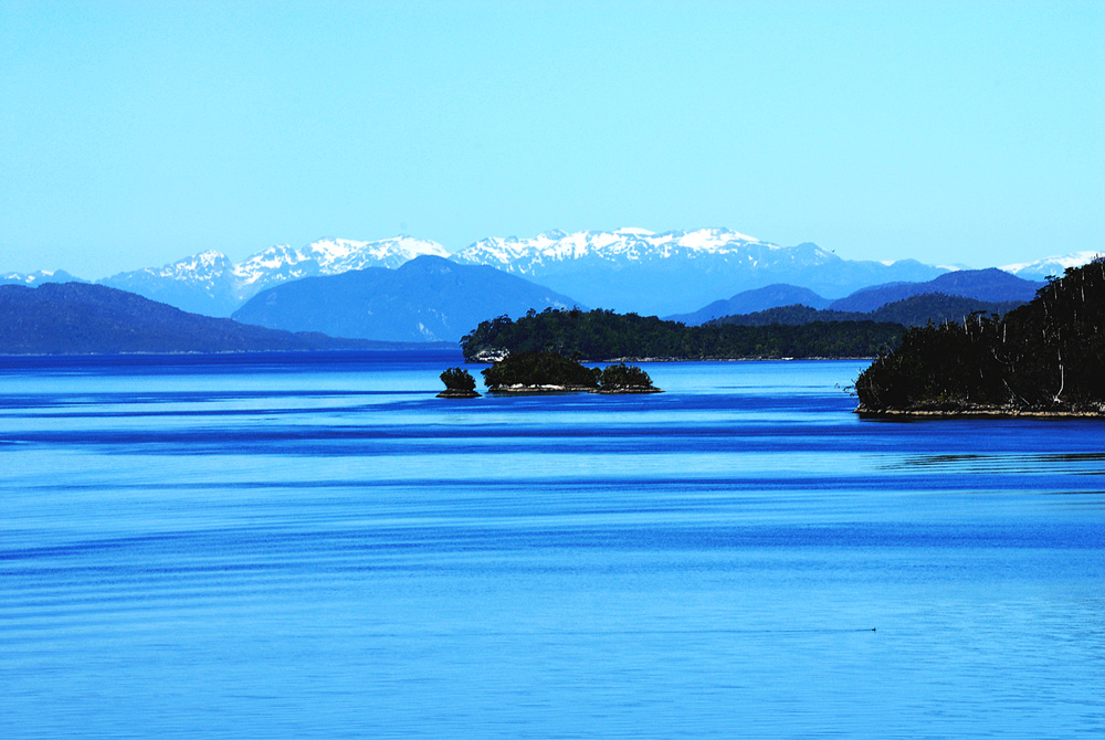 Blue mountains, blue sea and blue sky