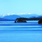 Blue mountains, blue sea and blue sky