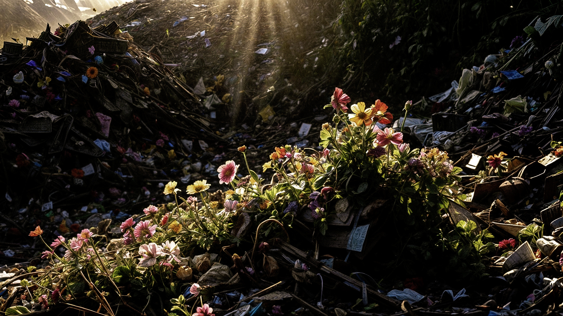 Blumen auf eine Mülldeponie