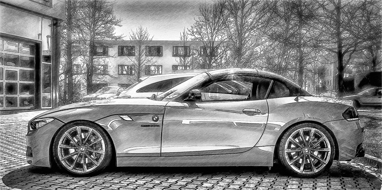 BMW-Z4-Roadster  Schwarzweiß Zeichnung