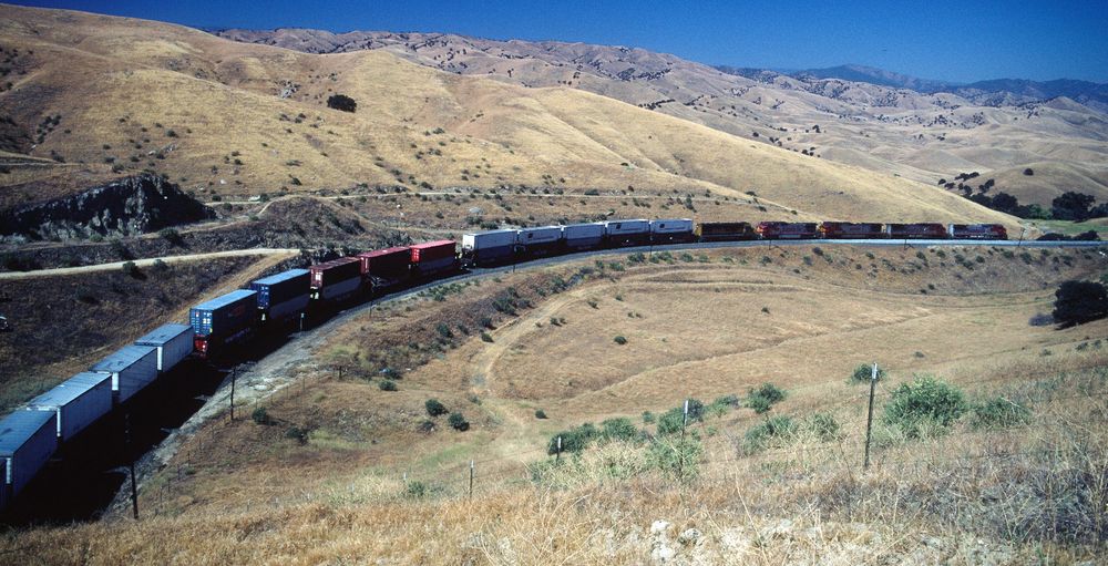 BNSF Double Stack Train just passed Tunnel 2 at Tehachapi to Bakersfield, CA,USA