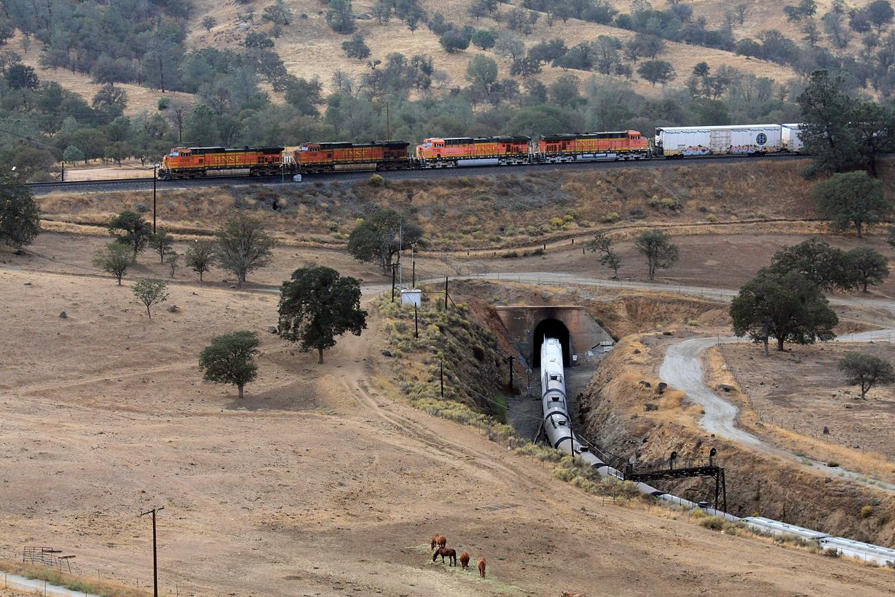 BNSF Locos are pulling freight cars around the Tehachapi Loop up to Mojave Desert