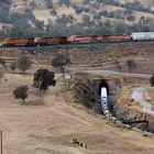 BNSF Locos are pulling freight cars around the Tehachapi Loop up to Mojave Desert