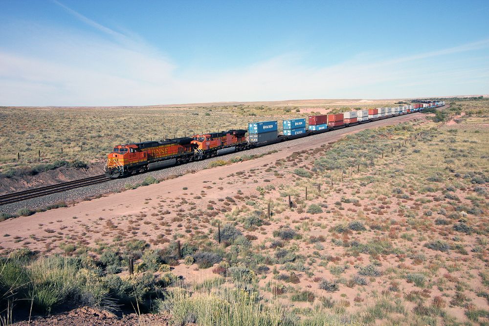 BNSF Train running on the old tracks of Santa Fe through the Petrified Forest