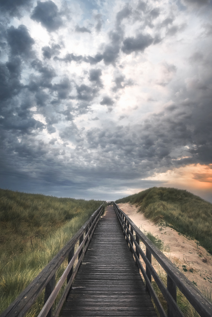 Boardwalk through grassy dune landscape on Sylt island at sunset