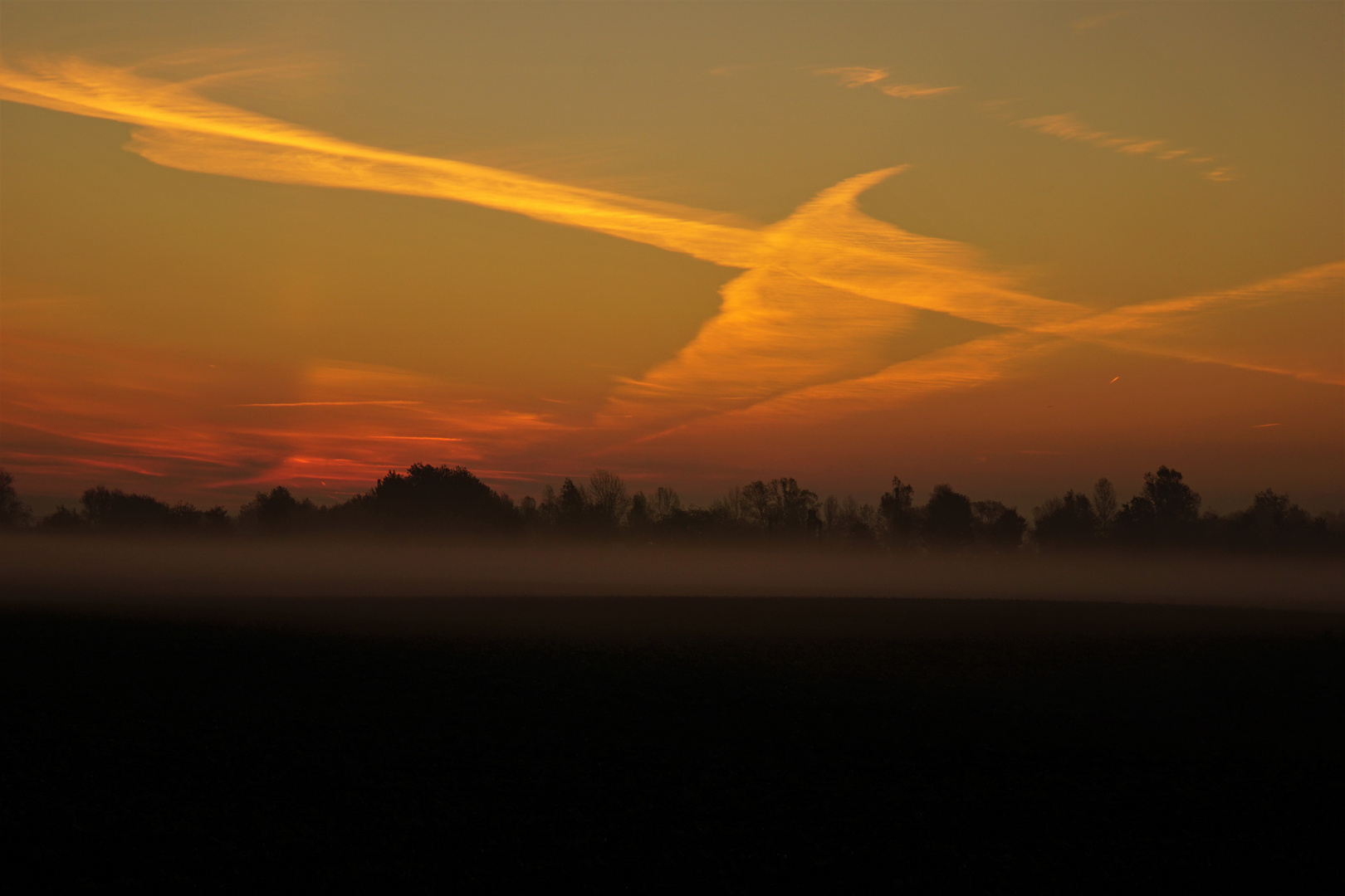 Bonn Geislar Sonnenaufgang mit Bodennebel