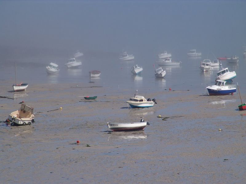 Boote bei Ebbe im Küstennebel