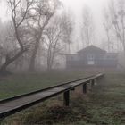 Bootshaus im Nebel