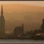 Bratislava: Silhouette mit dem Turm der Konkathedrale und fliegenden Vögeln