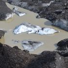 Braungelbmilchiges Wasser und schwarzes Eis in einer Gletscherlagune eines Vatnökökullausläufers