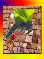 Brick in the wall: kroko mit uhr 